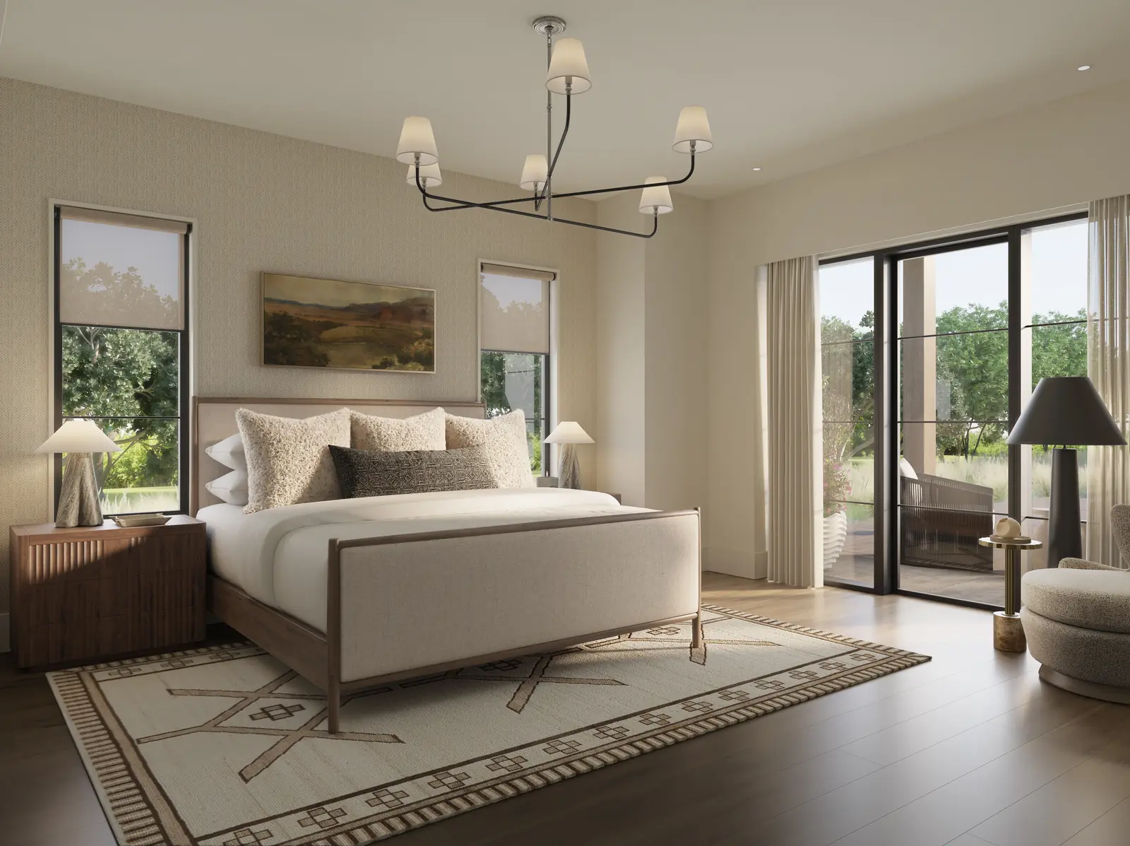 Rendering of a Texas Hill Country primary bedroom with a linen bed, a western-pattern rug and doors open to the terrace